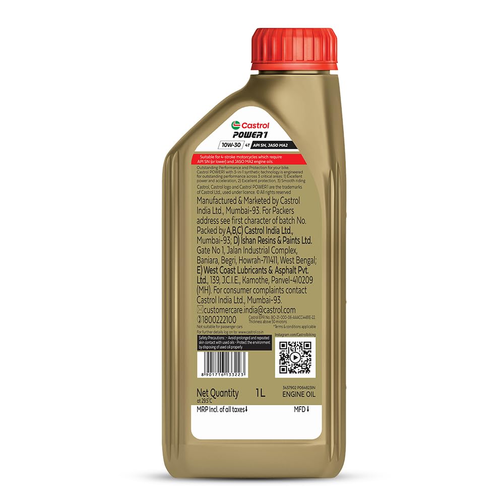 Castrol POWER1 4T 10W-30 API SL Synthetic Engine Oil for Bikes (1L)