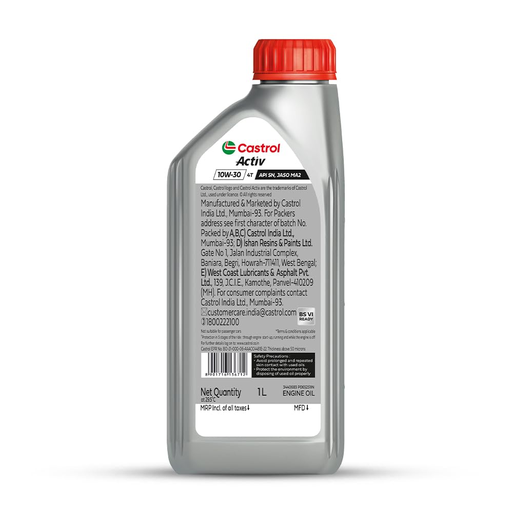 Castrol Activ 10W-30 4T Engine Oil for Bikes with Synthetic Technology (1L) |3X Protection