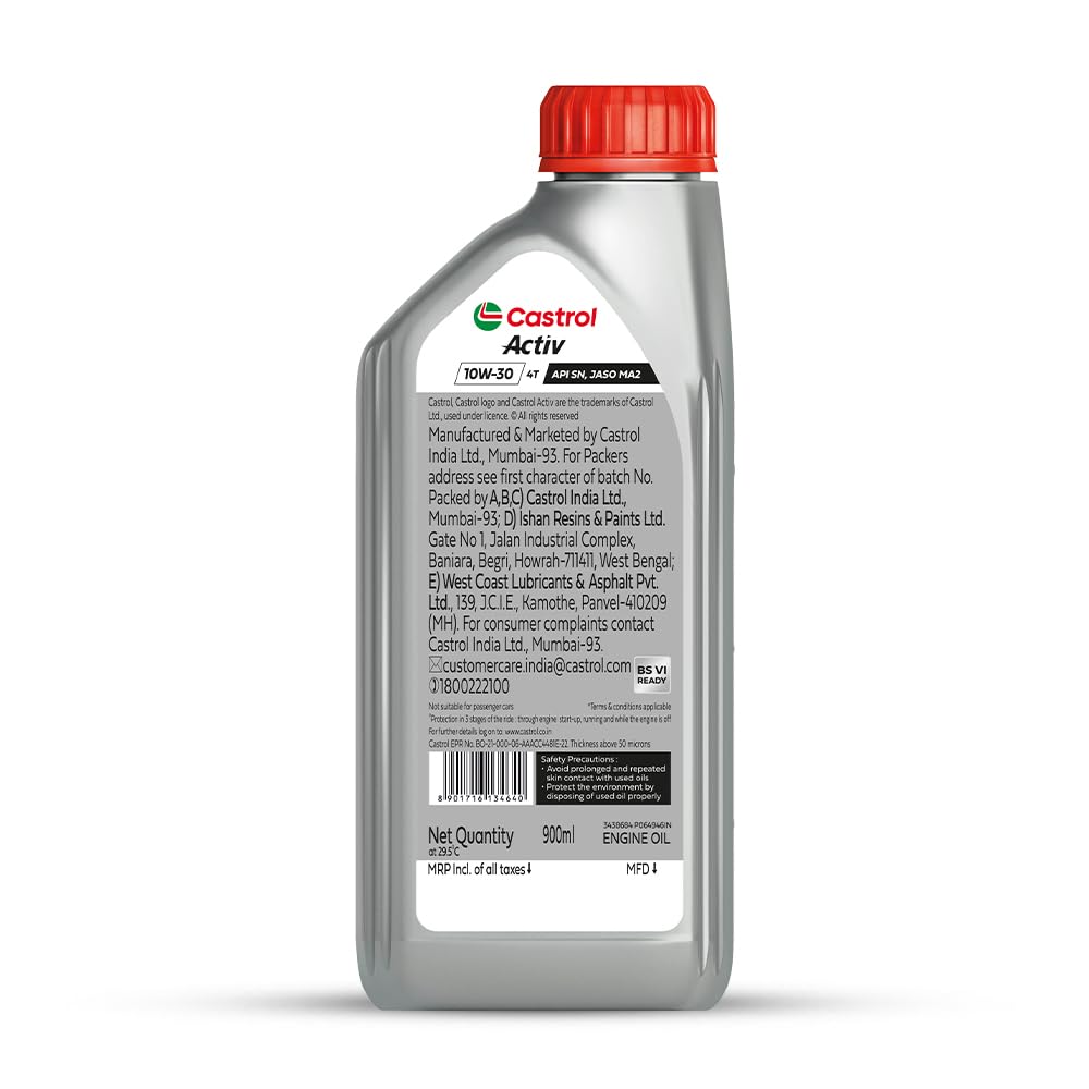 Castrol Activ 10W-30 4T Engine Oil for Bikes with Synthetic Technology (900ml) |3X Protection