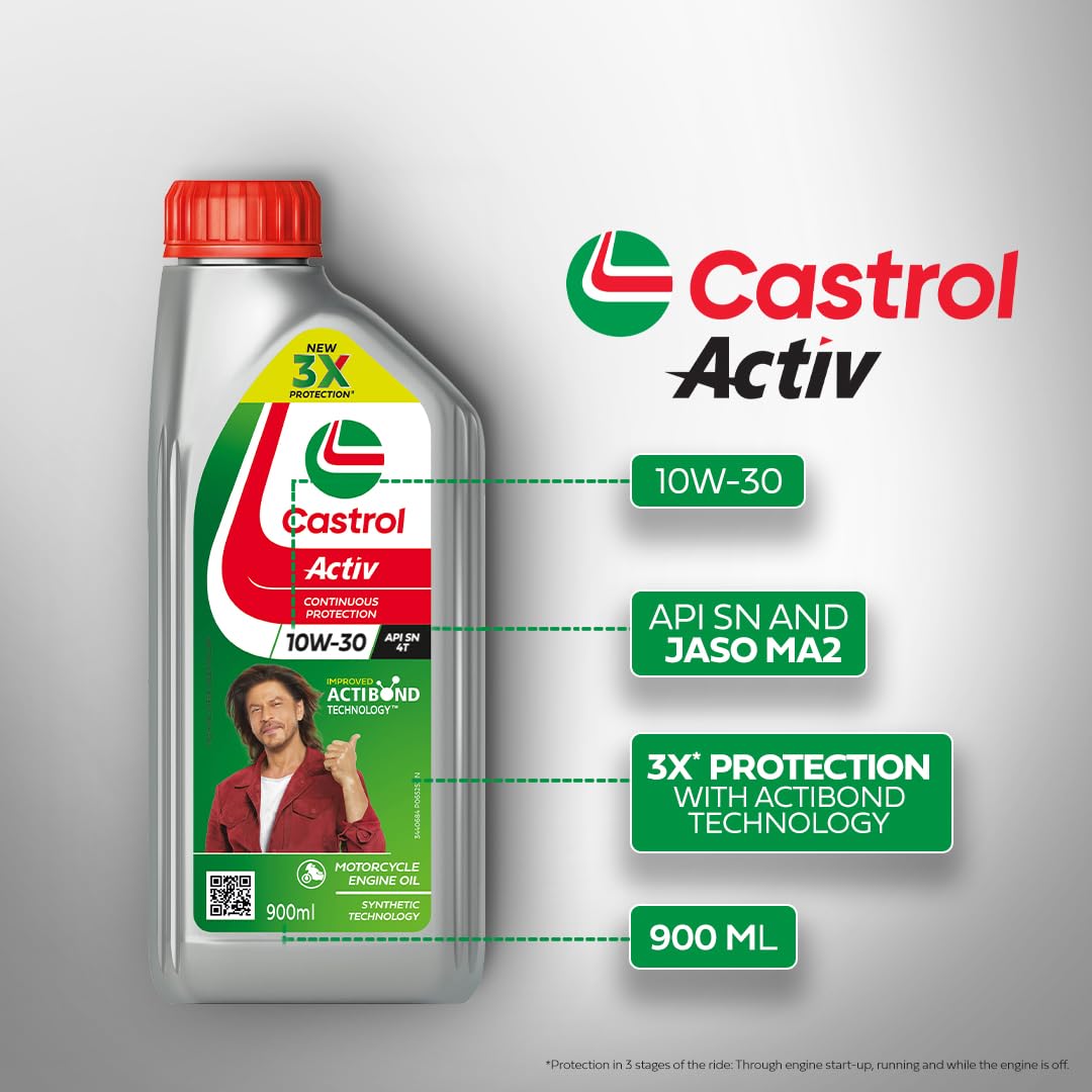 Castrol Activ 10W-30 4T Engine Oil for Bikes with Synthetic Technology (900ml) |3X Protection