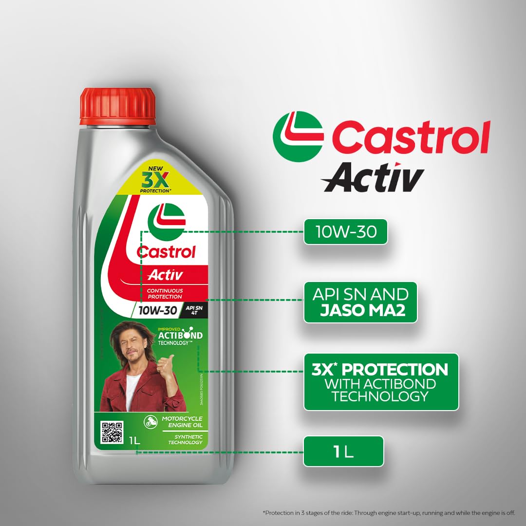 Castrol Activ 10W-30 4T Engine Oil for Bikes with Synthetic Technology (1L) |3X Protection