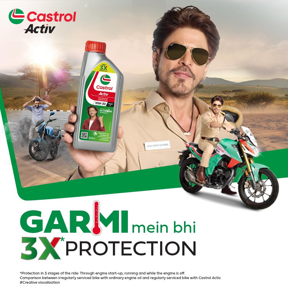 Castrol Activ 10W-30 4T Engine Oil for Bikes with Synthetic Technology (900ml) |3X Protection