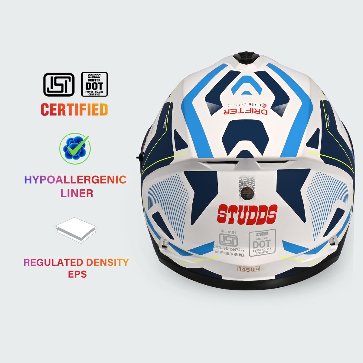 STUDDS DRIFTER D5 WHITE BLUE FULL FACE HELMET