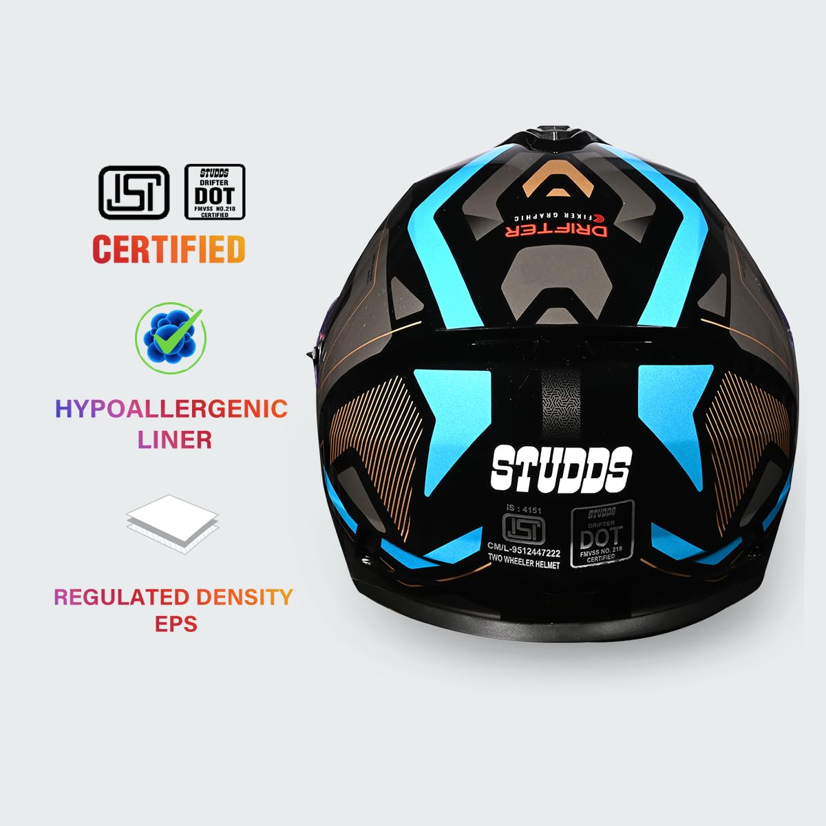 STUDDS DRIFTER D5 BLACK GREY FULL FACE HELMET