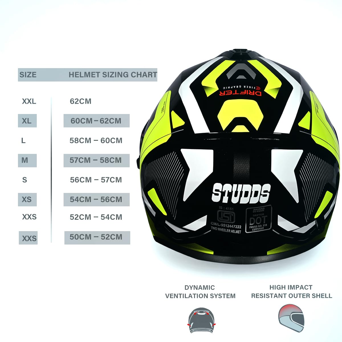 STUDDS DRIFTER D5 BLACK NEON FULL FACE HELMET