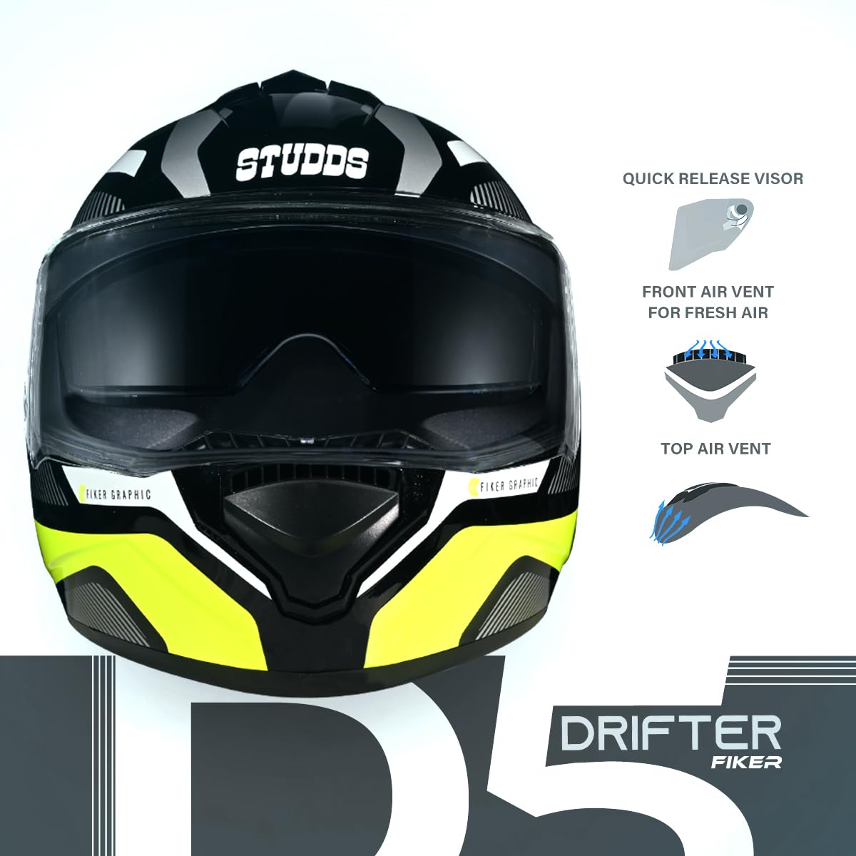 STUDDS DRIFTER D5 BLACK NEON FULL FACE HELMET