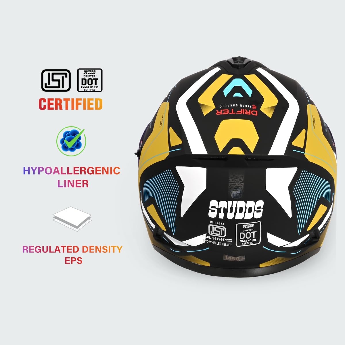 STUDDS DRIFTER D5 MATT BLACK GOLDEN FULL FACE HELMET
