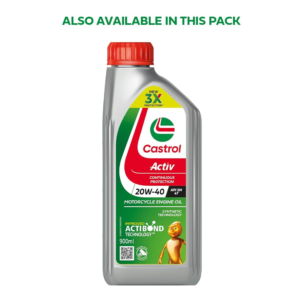 Castrol Active 20W-40 4T Engine Oil for Bikes with Synthetic Technology (900ML) | 3X Protection
