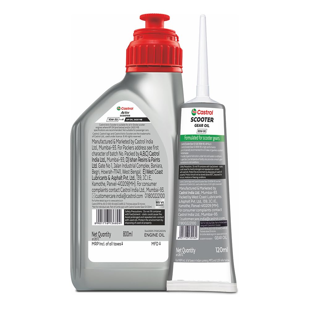 Castrol Activ 10W-30 4-AT Synthetic Engine Oil for Scooter 800 ML &amp; Castrol Gear Oil 80W-90 for Scooter Gears 120 ML Combo Pack