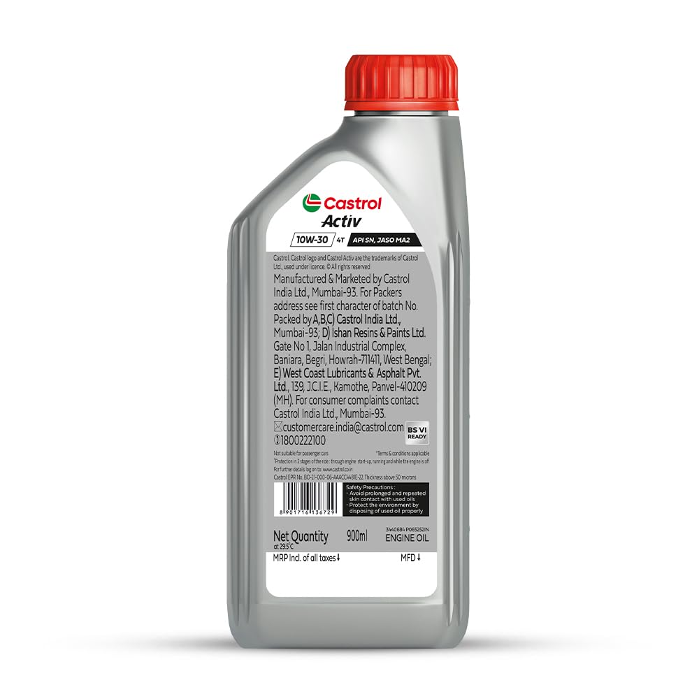 Castrol Activ 10W-30 4T Engine Oil for Bikes with Synthetic Technology (900ml) |3X Protection