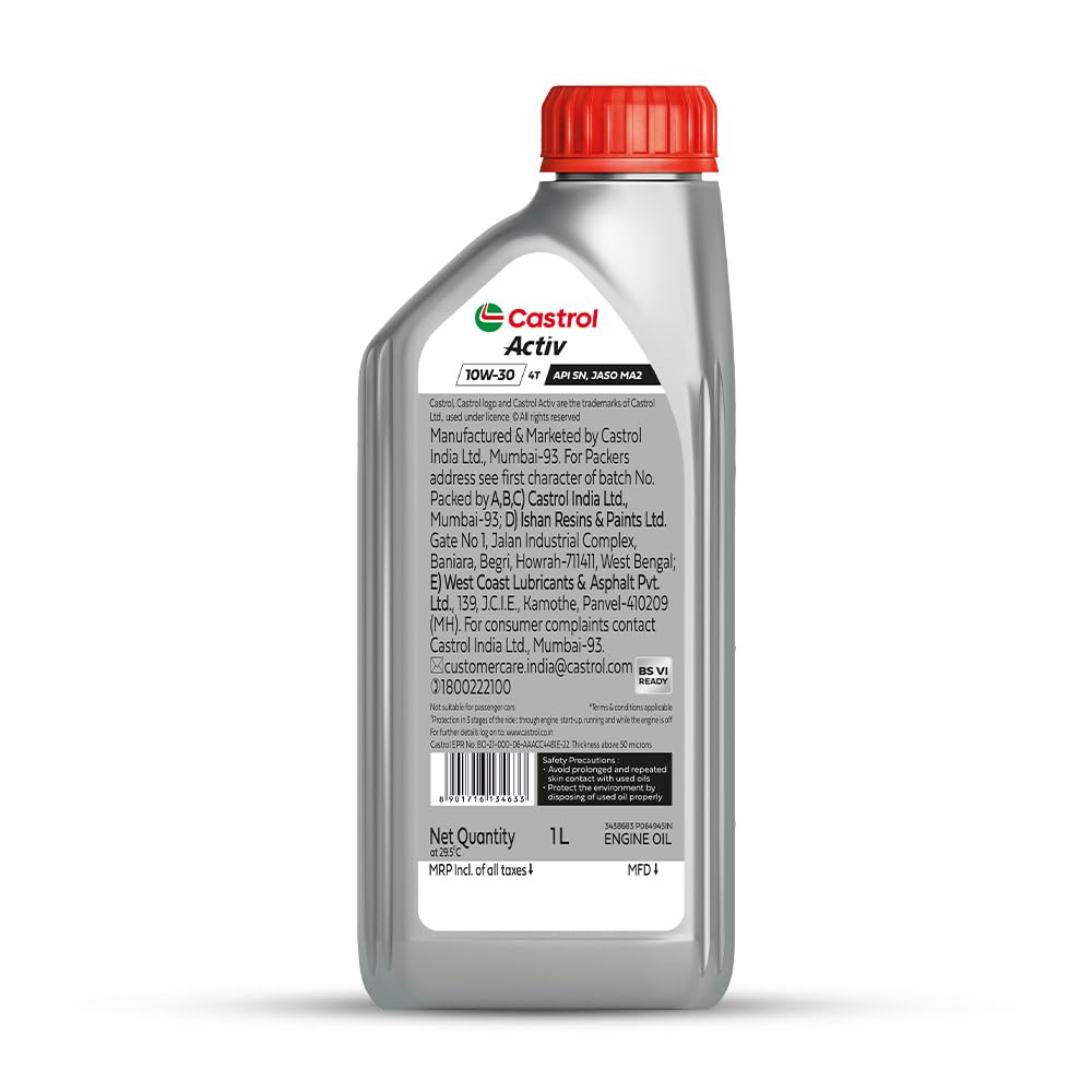 Castrol Activ 10W-30 4T Engine Oil for Bikes with Synthetic Technology (1L) |3X Protection